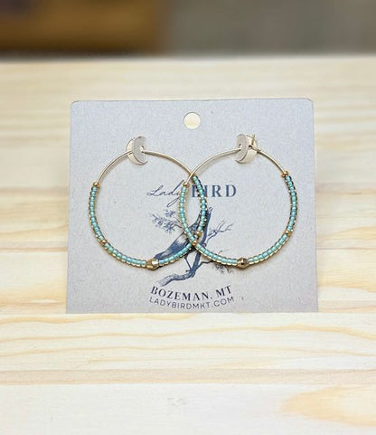 Frosted Green and Gold Boho Seed Beaded Hoop Earrings