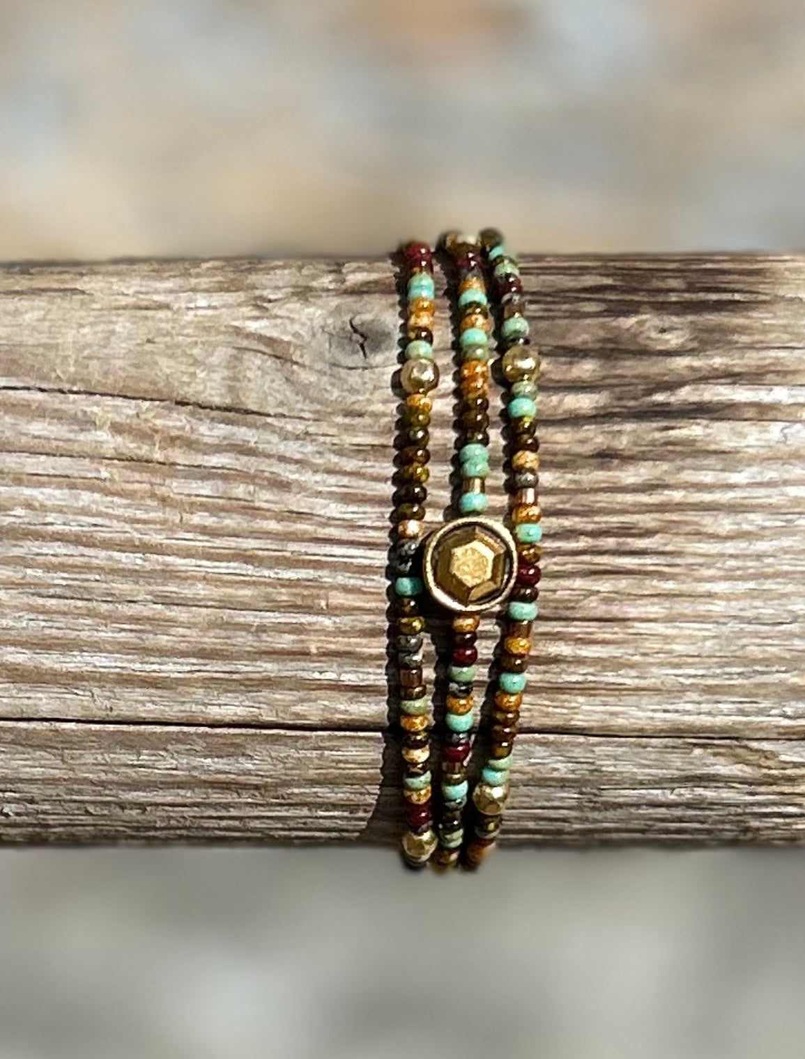 Green, Brown, Gold 3-Wrap Seed Bead Bracelet with Gold Charm