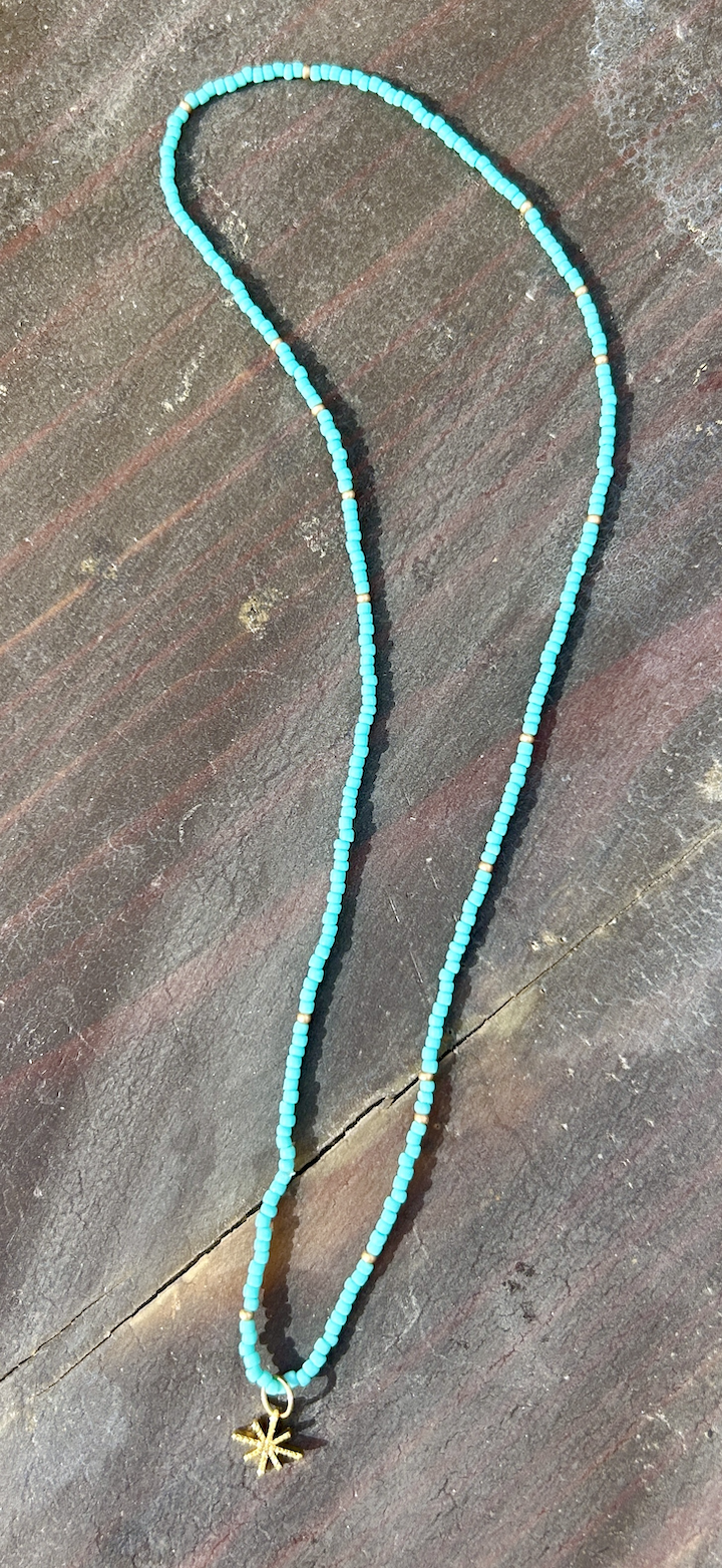 Turquoise Stretchy Seed Bead Necklace with Silver or Gold Starburst Bling