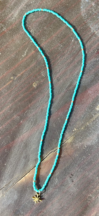 Turquoise Stretchy Seed Bead Necklace with Silver or Gold Starburst Bling