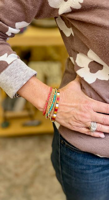 Southwestern Red Patterned Tila Bead Bracelet Set with Yellow | Handmade Stretchy Boho Wrap