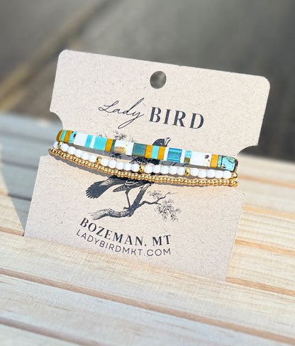 Wild at Heart Stretchy Tila Bead Bracelet Set with White in Gold or Silver