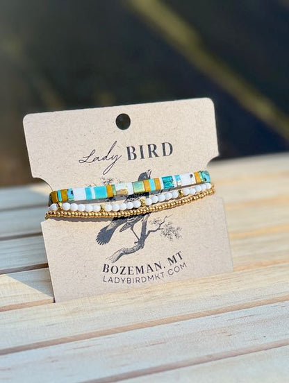 Wild at Heart Stretchy Tila Bead Bracelet Set with White in Gold or Silver