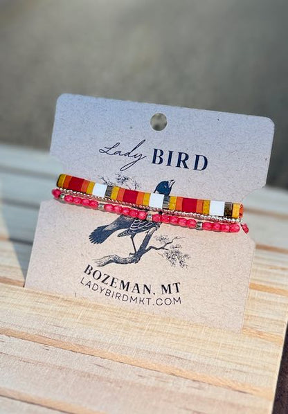 Southwestern Red Patterned Tila Bead Bracelet Set | Handmade Stretchy Boho Wrap