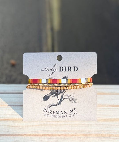 Southwestern Red Patterned Tila Bead Bracelet Set with Yellow | Handmade Stretchy Boho Wrap