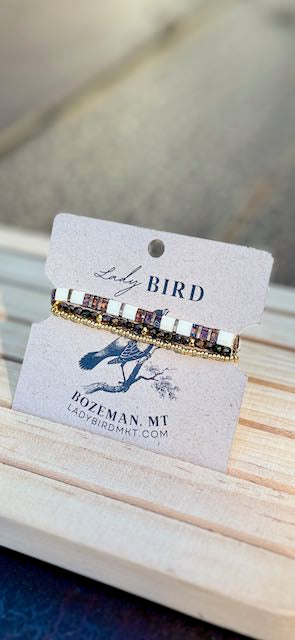 Dark Amber Sunset & White Tila Bead Stacked Bracelet Set