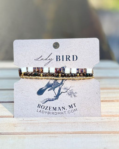 Dark Amber Sunset & White Tila Bead Stacked Bracelet Set