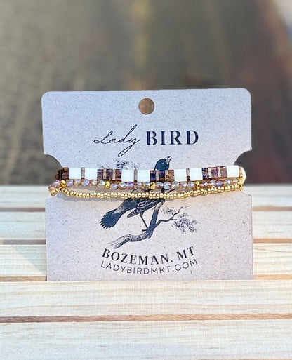 Translucent Amber Sunset & White Tila Bead Stacked Bracelet Set