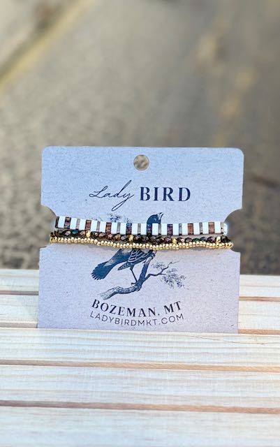 Bright Amber Sunset & White Striped Tila Bead Stacked Bracelet Set