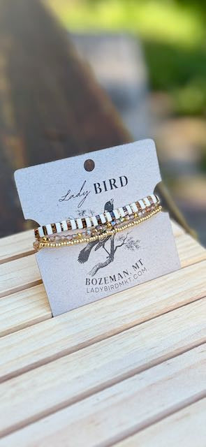 Bright Amber Sunset & White Striped Tila Bead Stacked Bracelet Set