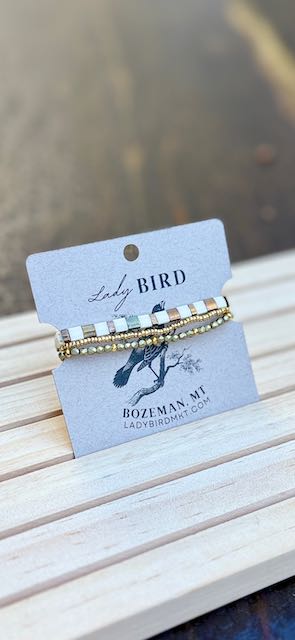 Muted Gold & White Striped Tila Bead Stacked Bracelet Set