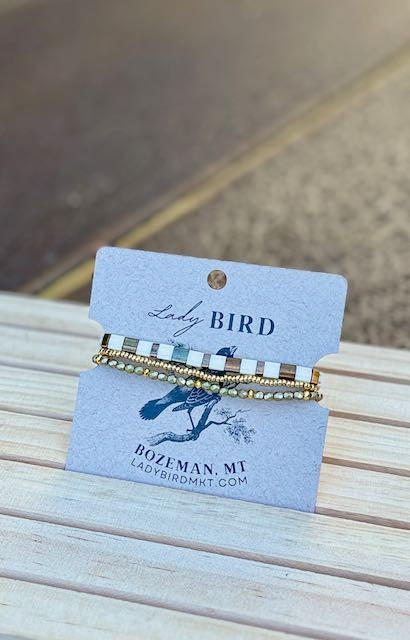 Muted Gold & White Striped Tila Bead Stacked Bracelet Set