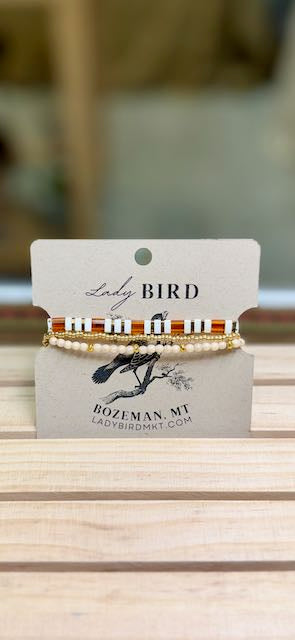 Honey Amber & White Striped Tila Bead Stacked Bracelet Set