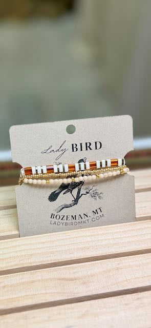 Honey Amber & White Striped Tila Bead Stacked Bracelet Set