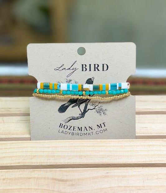 Wild at Heart Stretchy Tila Bead Bracelet Set with Turquoise in Gold or Silver