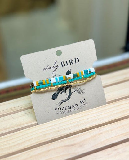 Wild at Heart Stretchy Tila Bead Bracelet Set with Turquoise in Gold or Silver