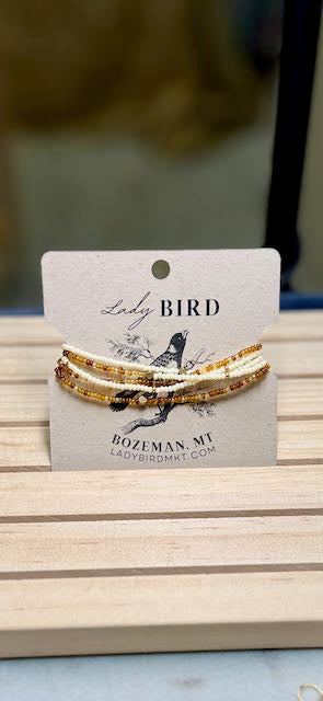 Translucent Amber & Creamy White Stretchy Boho-Style Beaded Wrap Bracelet/Necklace