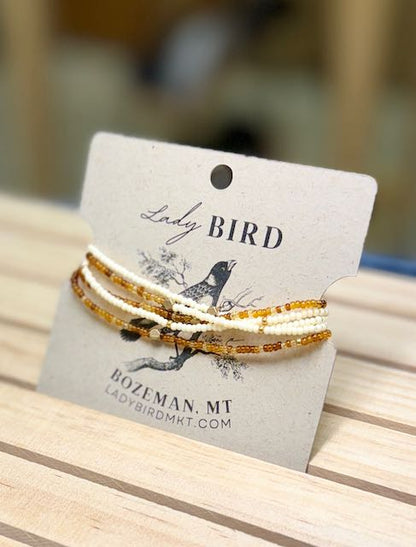 Translucent Amber & Creamy White Stretchy Boho-Style Beaded Wrap Bracelet/Necklace