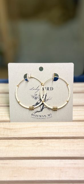Creamy White & Wild Gold or Silver Seed Bead Hoop Earrings