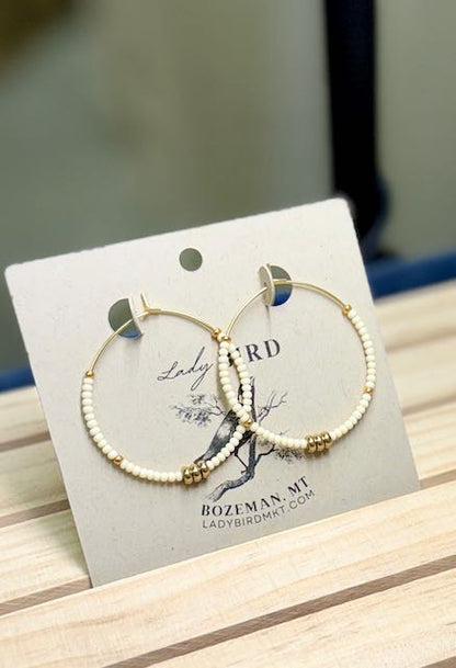 Creamy White & Wild Gold or Silver Seed Bead Hoop Earrings