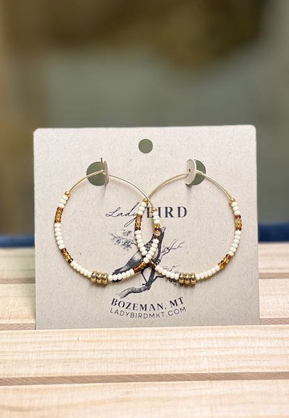 Translucent Amber & Creamy White Seed Bead Hoop Earrings