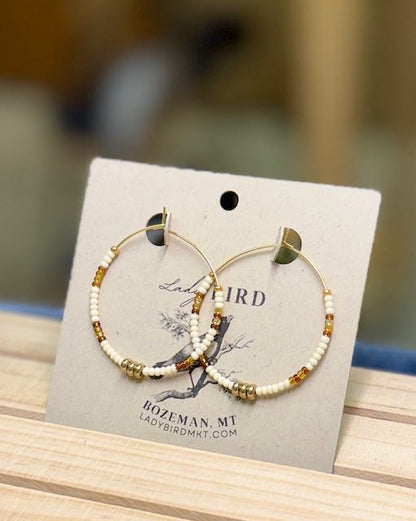 Translucent Amber & Creamy White Seed Bead Hoop Earrings