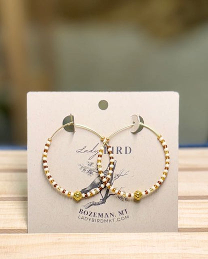 Amber & White Striped Seed Bead Hoop Earrings