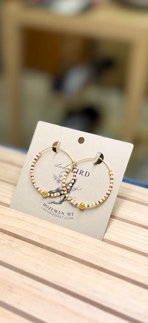 Amber & White Striped Seed Bead Hoop Earrings