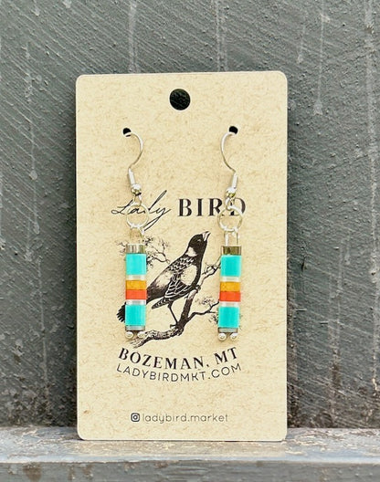 Retro Blue Stripes with Silver or Gold Tila Bead Earrings