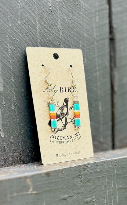 Retro Blue Stripes with Silver or Gold Tila Bead Earrings