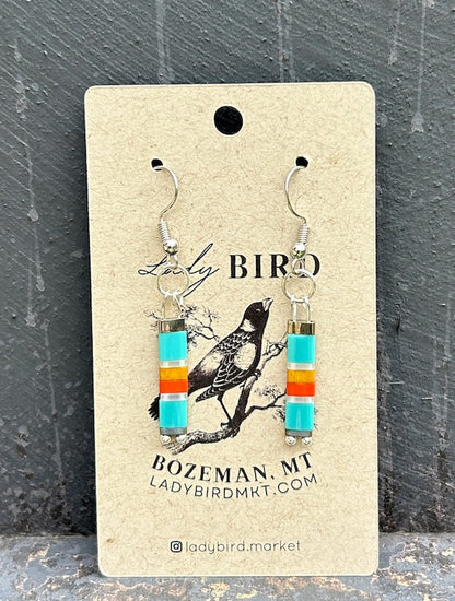 Retro Blue Stripes with Silver or Gold Tila Bead Earrings