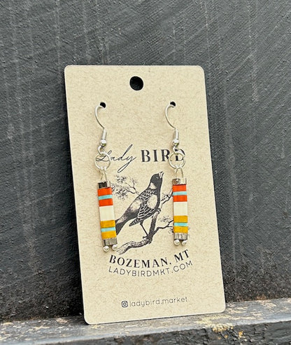 Retro Orange Stripes with Silver or Gold Tila Bead Earrings