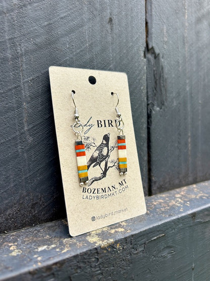 Retro Orange Stripes with Silver or Gold Tila Bead Earrings