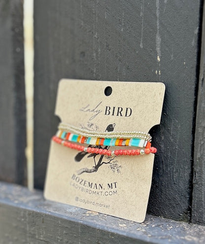 Boho Bracelet Set – Retro Style Orange Mixed Miyuki Tila Beads with Czech Glass Wrap