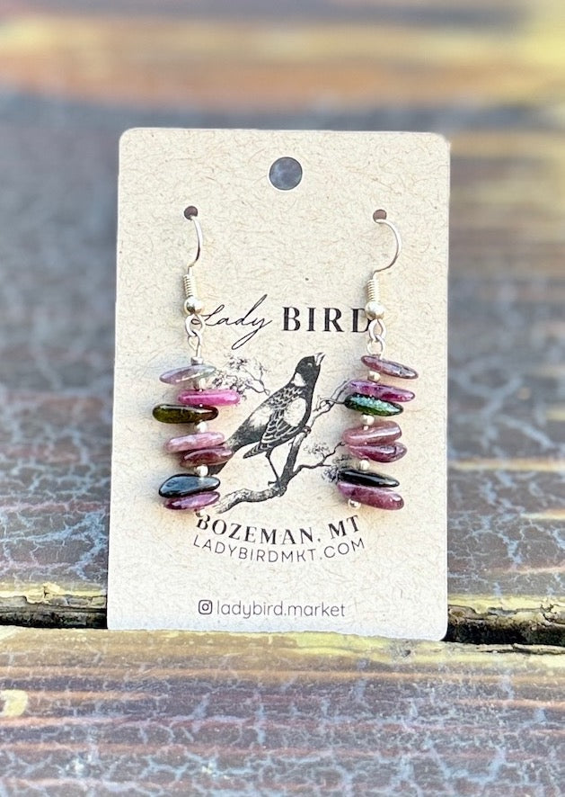 Multi-Colored Tourmaline Chip Gemstone Dangle Earrings