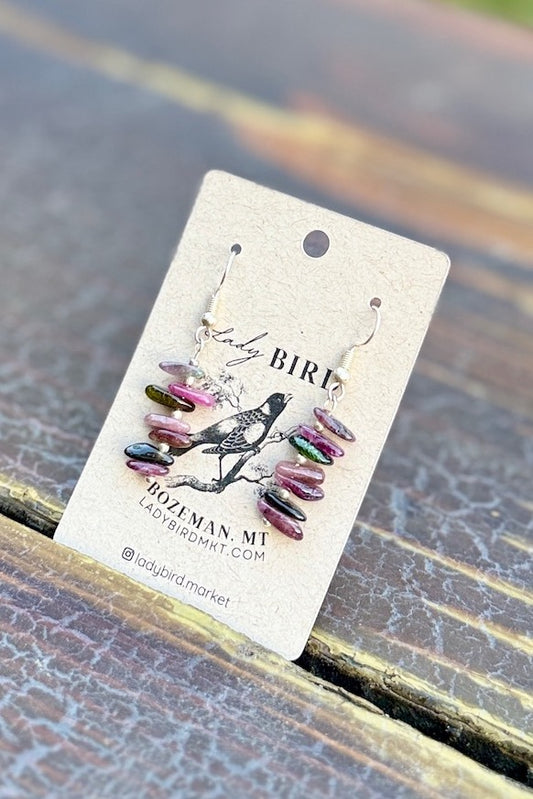 Multi-Colored Tourmaline Chip Gemstone Dangle Earrings
