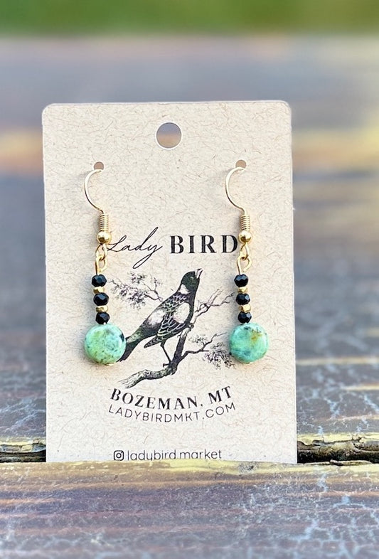 African Turquoise & Onyx Beaded Gemstone Dangle Earrings in Gold or Silver