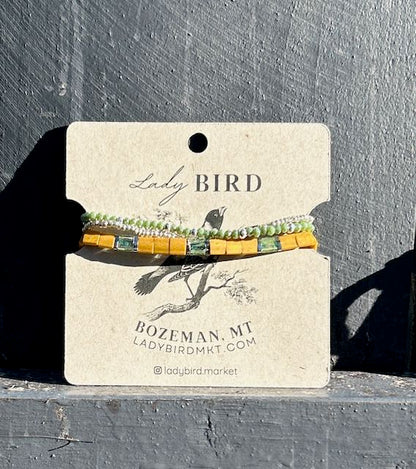 Sunflower & Moss Green Tila Bead Stacked Bracelet Set | Handmade Boho Stretch Wrap in Silver or Gold