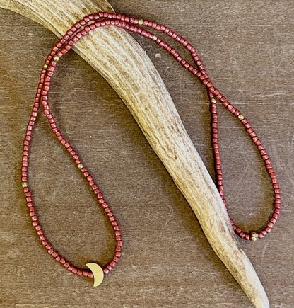 Shiny Ruby Red Stretchy Seed Bead Necklace with Gold Crescent Moon Charm
