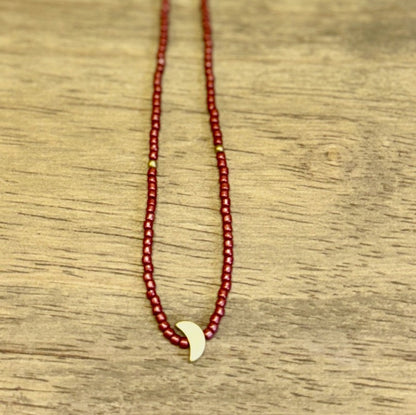 Shiny Ruby Red Stretchy Seed Bead Necklace with Gold Crescent Moon Charm