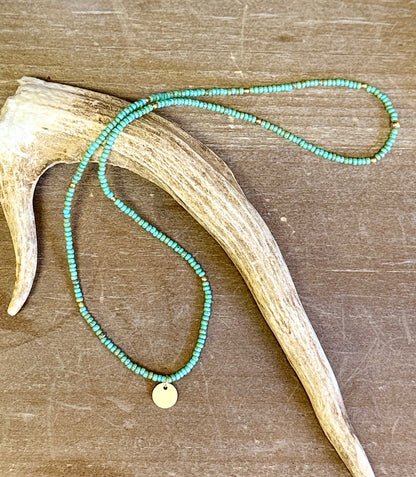 Speckled Sage Green Stretchy Seed Bead Necklace with Minimalist Gold-Plated Circle Charm