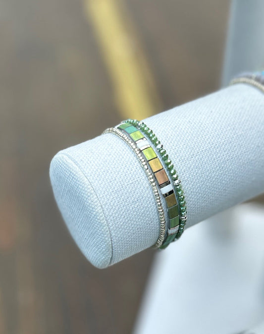 Shiny Sunrise & Green Stretchy Tile Bead Bracelet Stack