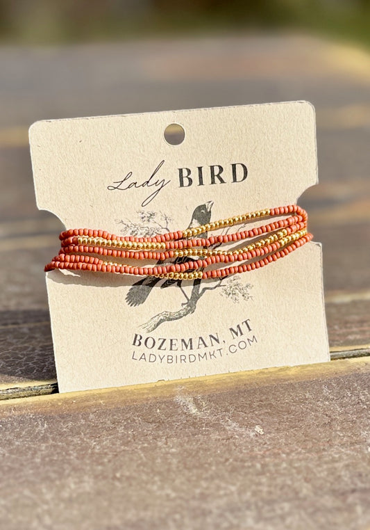 Burnt Orange & Silver or Gold Striped Beaded Boho Wrap Bracelet/Necklace