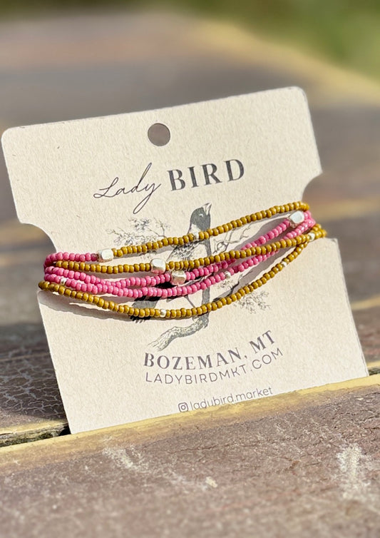 Neapolitan Burnt Yellow & Pink Gold or Silver Beaded Boho Wrap Bracelet / Necklace