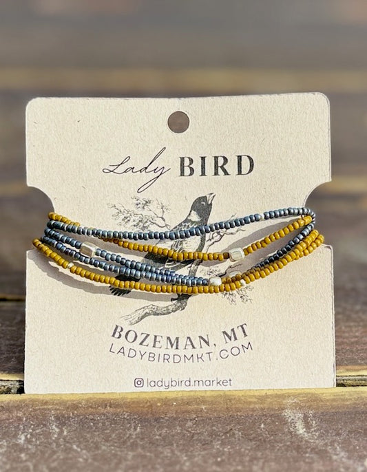 Burnt Yellow & Steel Grey Silver or Gold Nugget Beaded Boho Wrap Bracelet/Necklace