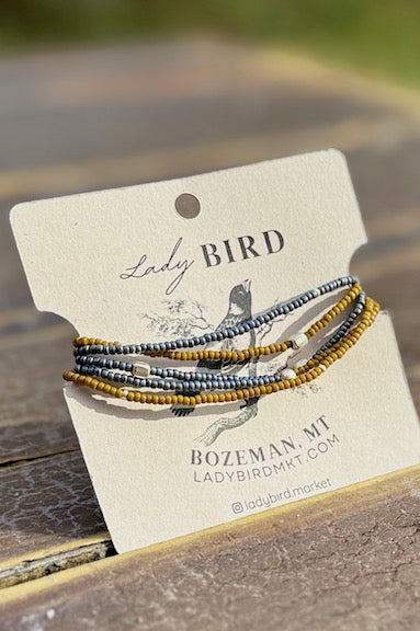 Burnt Yellow & Steel Grey Silver or Gold Nugget Beaded Boho Wrap Bracelet/Necklace