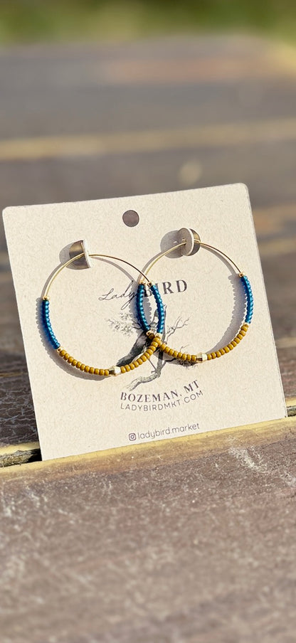 Burnt Yellow, Navy Blue & Silver or Gold Beaded Boho-Style Hoop Earrings