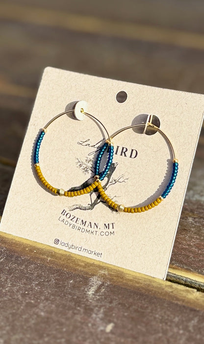Burnt Yellow, Navy Blue & Silver or Gold Beaded Boho-Style Hoop Earrings