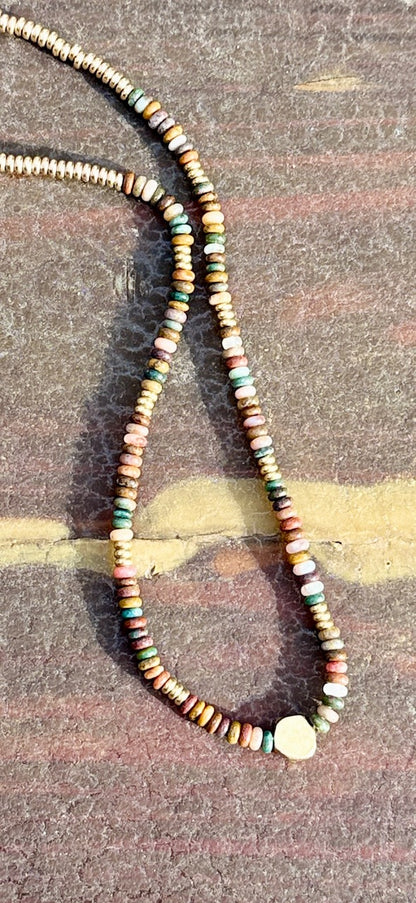 Ocean Jasper Gemstone Stretchy Necklace with Gold Circle Pendant