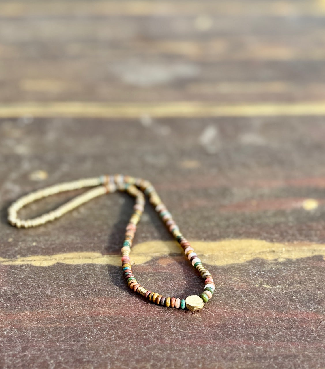 Ocean Jasper Gemstone Stretchy Necklace with Gold Circle Pendant